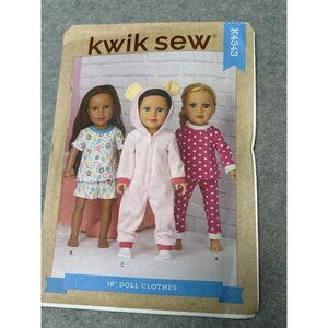 Kwik Sew K4343 Size 18" Doll Clothes Sewing Pattern Pajamas Nightgown Hooded Sui